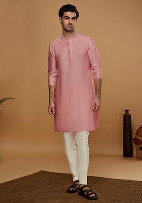 Pink Solid Cotton Blend Kurta Set