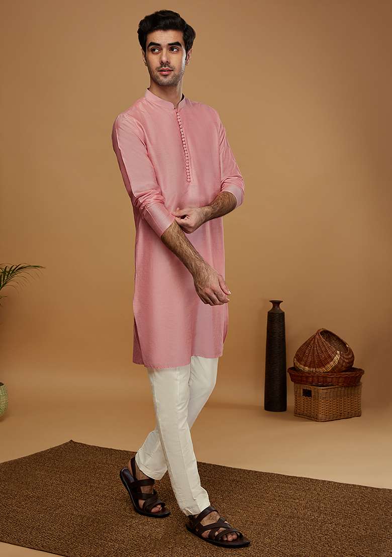 Pink Solid Cotton Blend Kurta Set - Indya