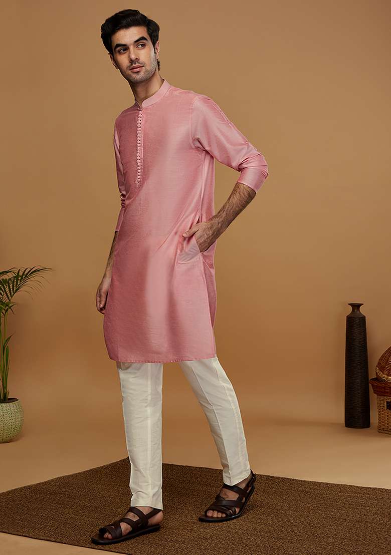 Pink Solid Cotton Blend Kurta Set - Indya