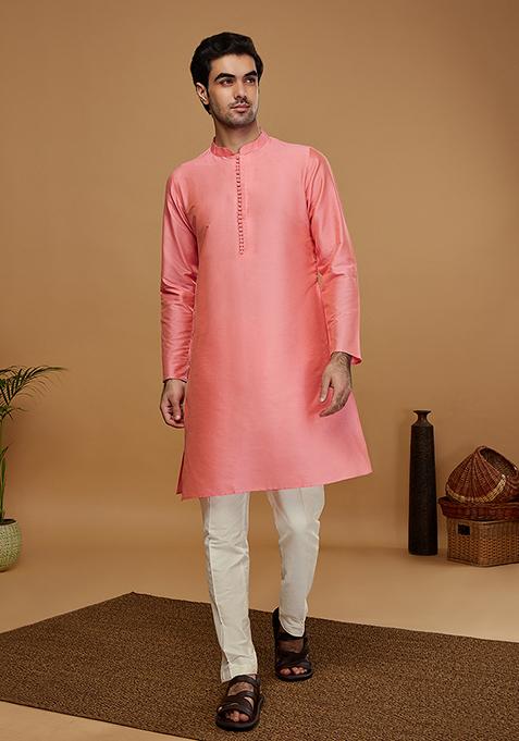 Pink Solid Cotton Blend Kurta Set
