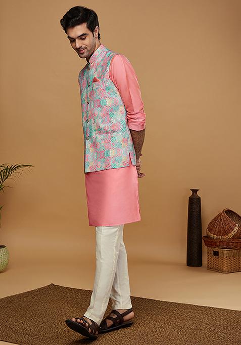 Multicolour Printed Cotton Blend Kurta Jacket Set