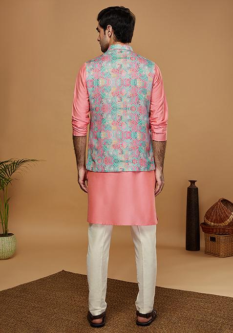 Multicolour Printed Cotton Blend Kurta Jacket Set