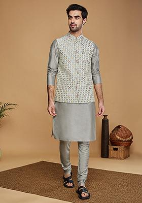 Grey Woven Design Silk Blend Kurta Jacket Set