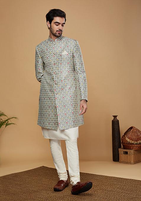Grey Woven Design Silk Blend Kurta Sherwani Set