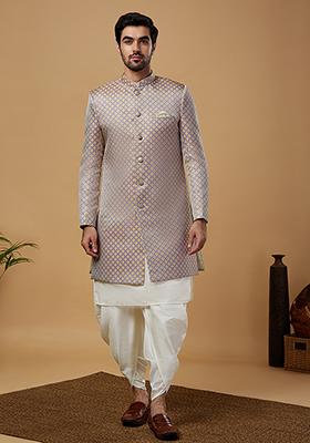 Mauve Woven Design Silk Blend Kurta Sherwani Set