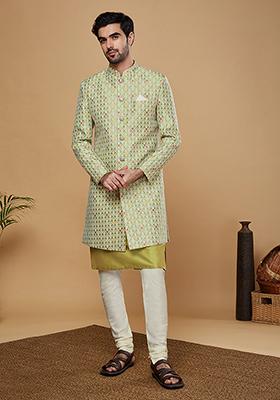Green Woven Design Silk Blend Kurta Sherwani Set