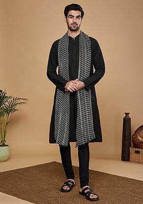 Black Solid Cotton Blend Kurta Set With Dupatta