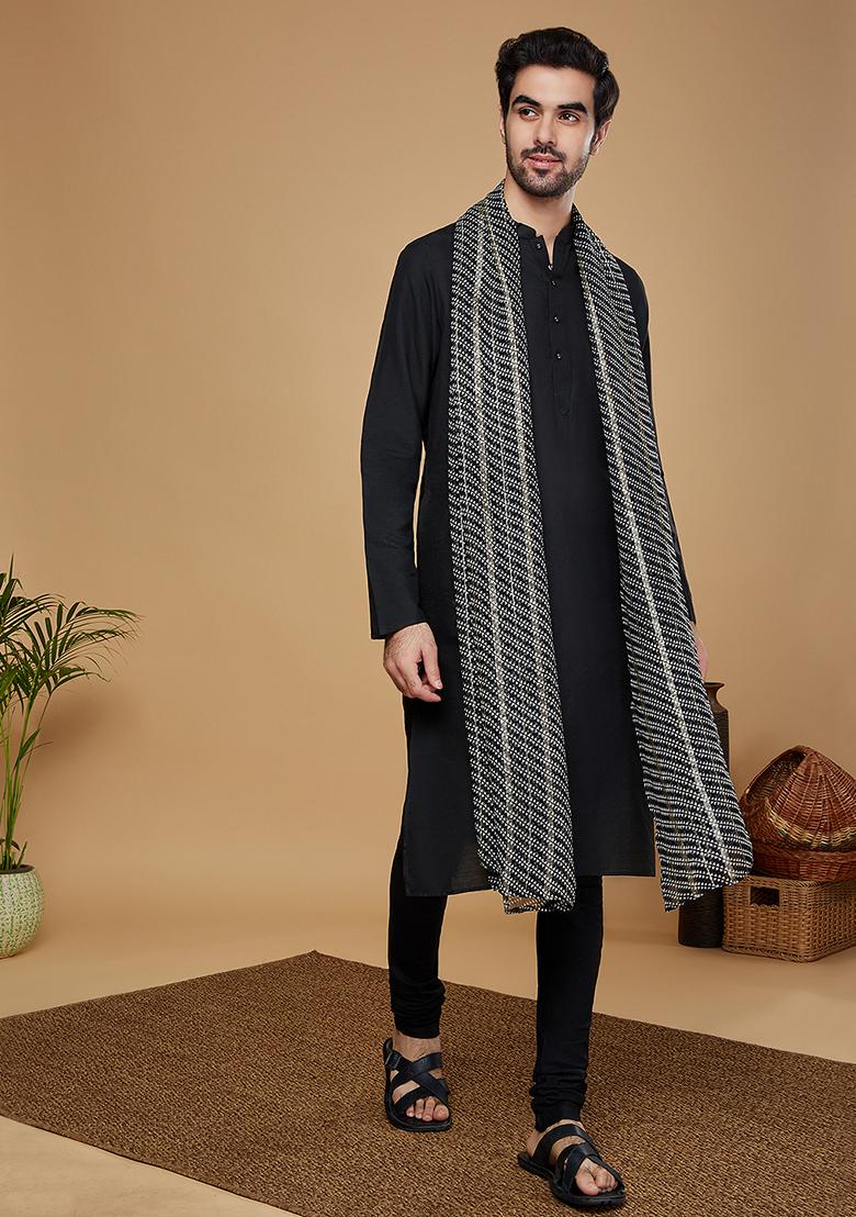 Black Solid Cotton Blend Kurta Set With Dupatta - Indya