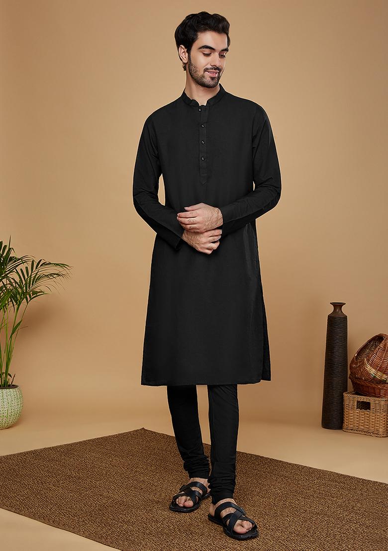 Black Solid Cotton Blend Kurta Set With Dupatta - Indya