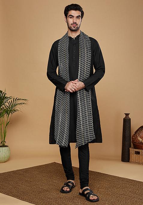 Black Solid Cotton Blend Kurta Set With Dupatta