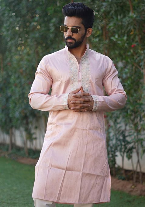 Baby Pink Coding Work Silk Kurta Set For Men