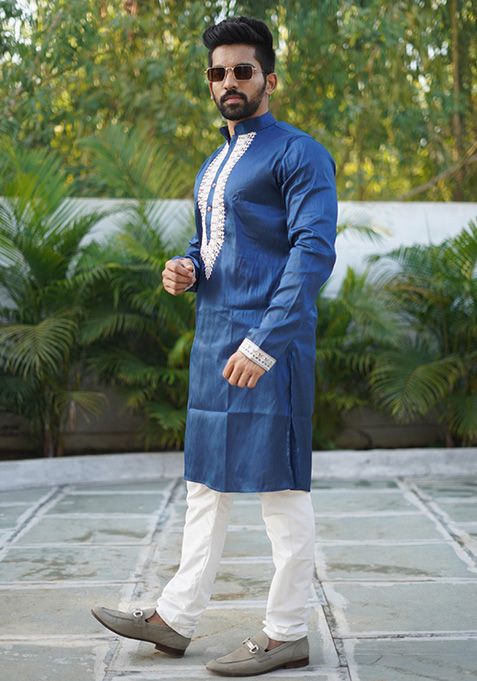 Blue Coding Work Silk Kurta Set For Men