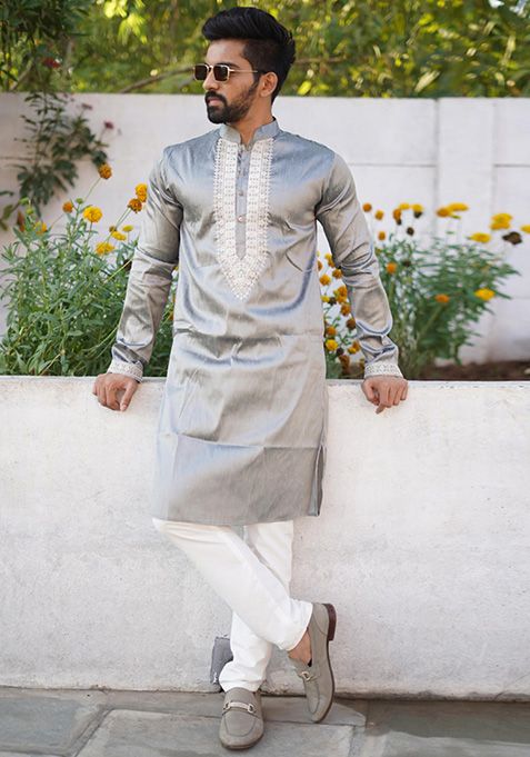 Grey Coding Work Silk Kurta Set For Men