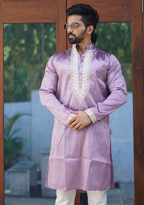 Lavender Coding Work Silk Kurta Set For Men