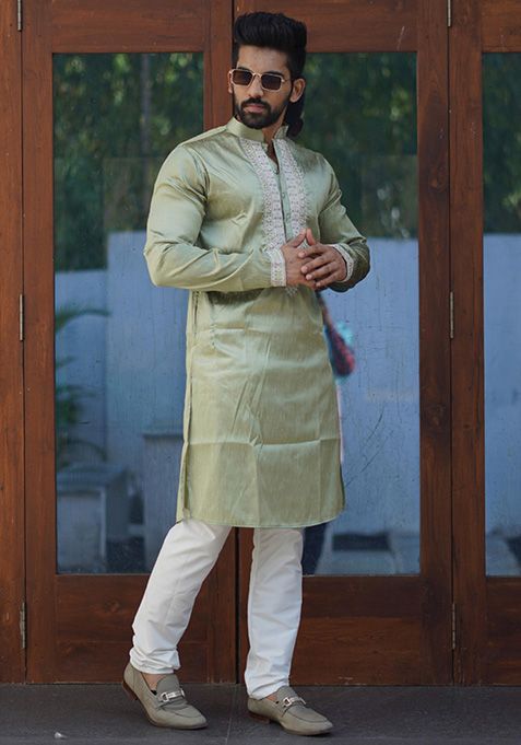 Mehendi Coding Work Silk Kurta Set For Men