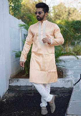 Orange Coding Work Silk Kurta Set For Men