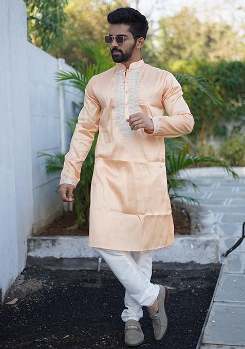 Orange Coding Work Silk Kurta Set For Men