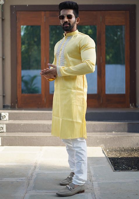 Yellow Coding Work Silk Kurta Set For Men