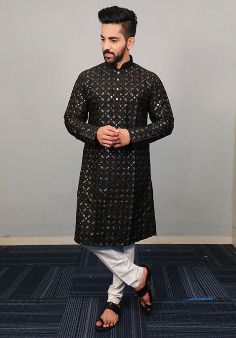 Black Sequin Embroidered Silk Kurta Set For Men