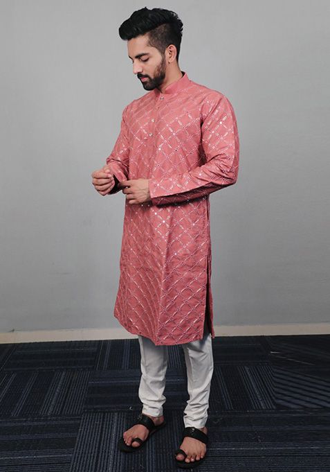 Onion Pink Sequin Embroidered Silk Kurta Set For Men