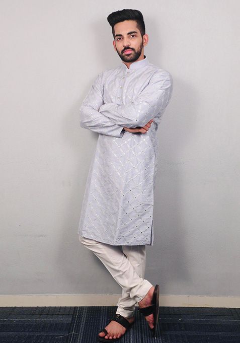 Sky Blue Sequin Embroidered Silk Kurta Set For Men