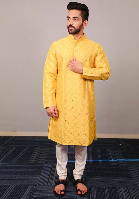 Yellow Sequin Embroidered Silk Kurta Set For Men