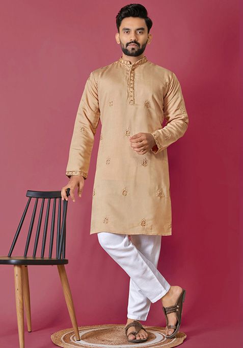 Beige Hand Work Silk Kurta Set For Men