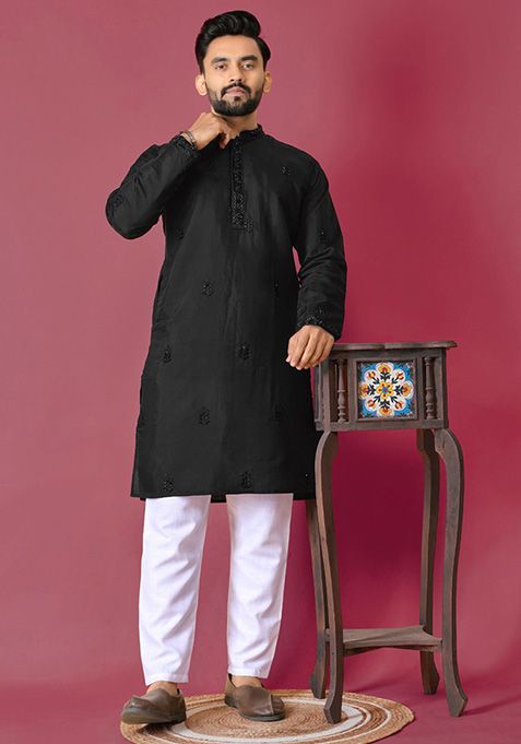 Black Hand Work Silk Kurta Set For Men