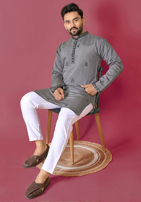 Dark Grey Hand Work Silk Kurta Set For Men