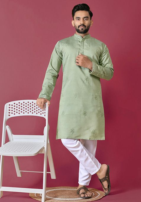 Light Green Hand Work Silk Kurta Set For Men