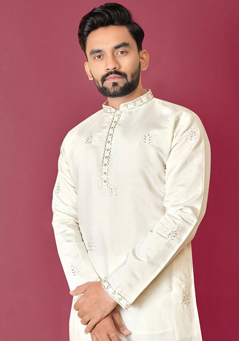 Off White Hand Work Silk Kurta Set For Men