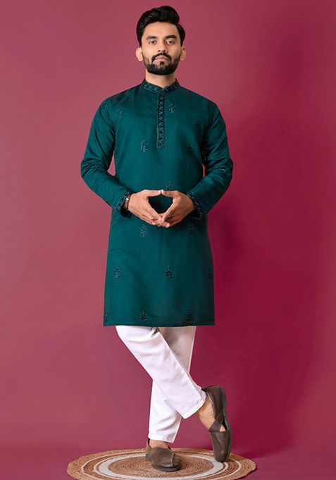 Royal Blue Hand Work Silk Kurta Set For Men