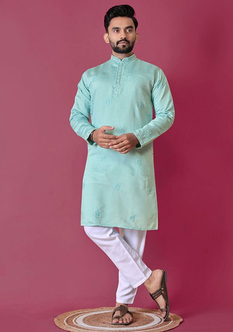 Sky Blue Hand Work Silk Kurta Set For Men