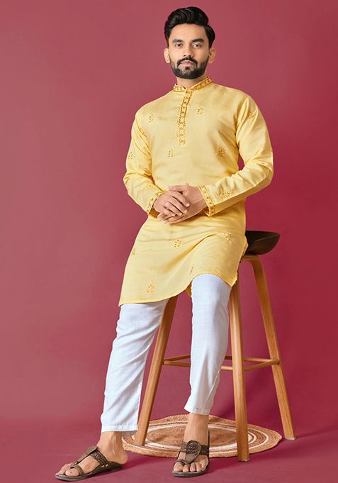 Yellow Hand Work Silk Kurta Set For Men