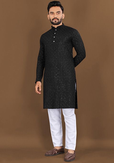 Black Embroidered Rayon Kurta Set For Men