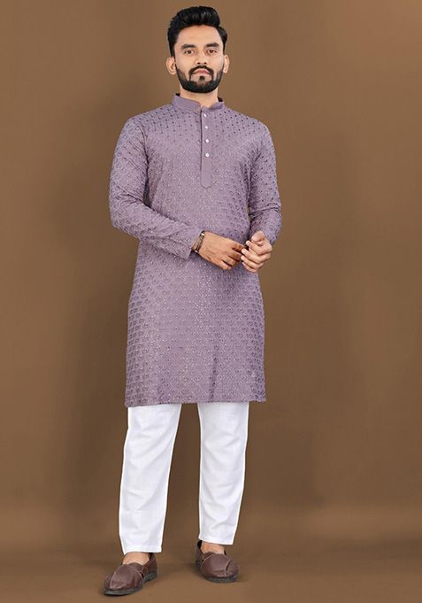 Light Wine Embroidered Rayon Kurta Set For Men