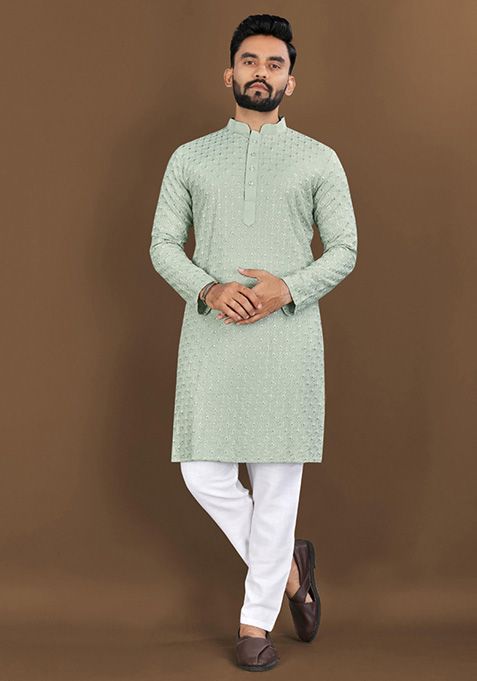 Pista Green Embroidered Rayon Kurta Set For Men