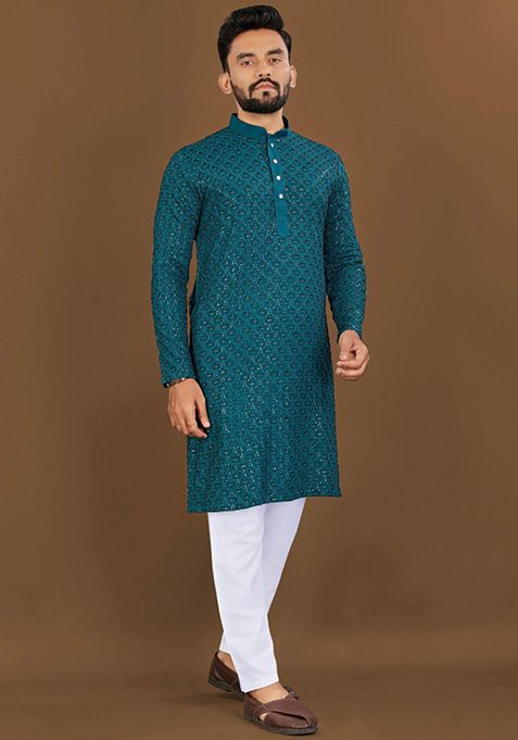 Royal Blue Embroidered Rayon Kurta Set For Men