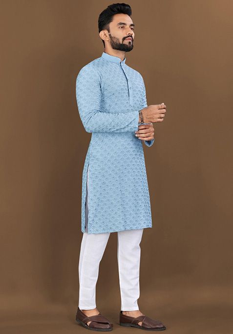 Sky Blue Embroidered Rayon Kurta Set For Men