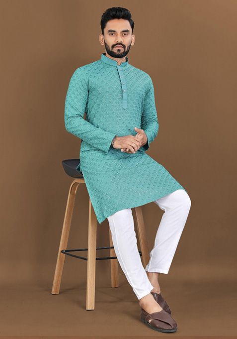 Turquoise Blue Embroidered Rayon Kurta Set For Men