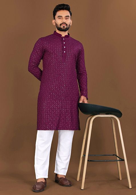 Wine Embroidered Rayon Kurta Set For Men