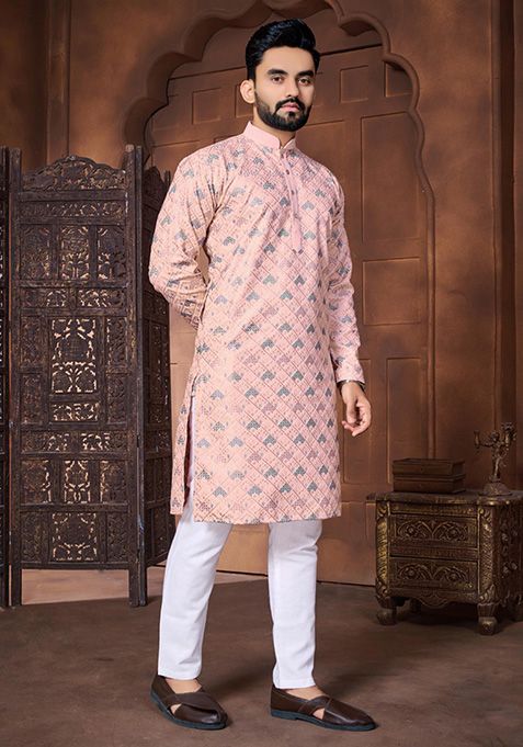 Baby Pink Embroidered Silk Kurta Set For Men