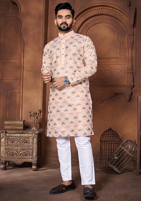 Cream Embroidered Silk Kurta Set For Men