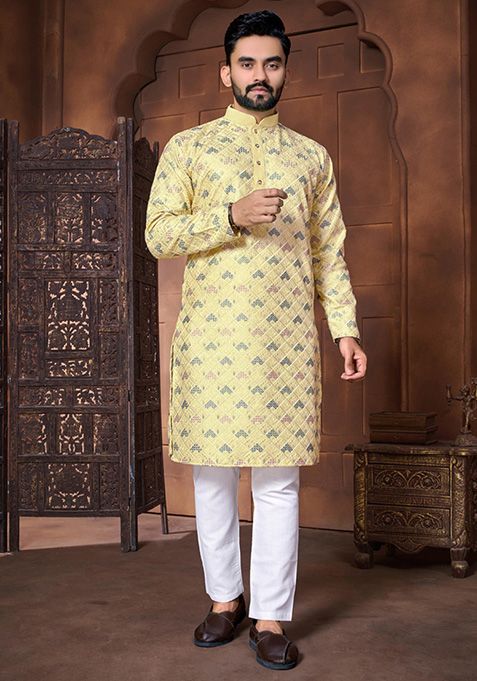 Yellow Embroidered Silk Kurta Set For Men