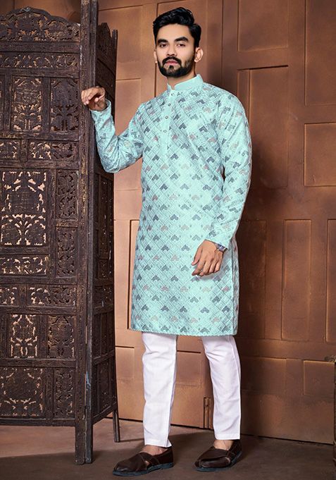 Sky Blue Embroidered Silk Kurta Set For Men