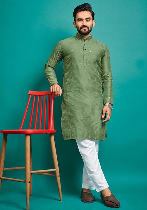 Light Green Embroidered Silk Kurta Set For Men