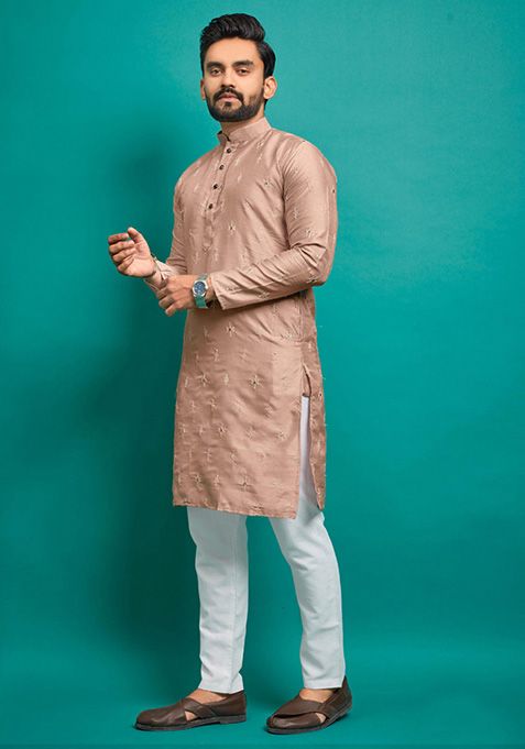 Light Peach Embroidered Silk Kurta Set For Men