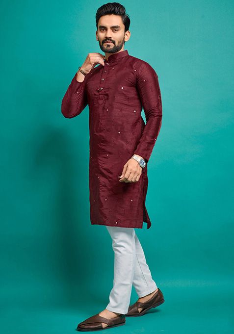 Maroon Embroidered Silk Kurta Set For Men