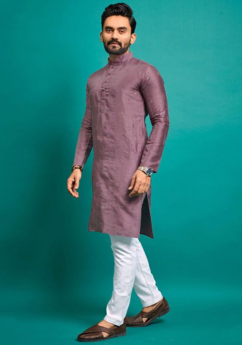 Onion Pink Embroidered Silk Kurta Set For Men