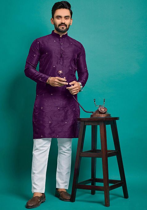 Purple Embroidered Silk Kurta Set For Men